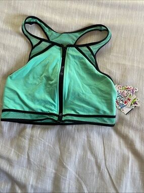 BECCA Mint Green Front Zip Sport Bikini Top with Black Trim